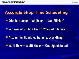 Accurate  Shop Time Scheduling Schedule ‘Actual’ Job Hours – Not ‘Billable’ See Available Shop Time a Week at a Glance Account for Holidays, Training, Everything! Multi-Days – Multi-Shops – One Appointment 