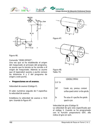Maquinado de Piezas en Torno C. N. C.102
Figura 46.
Comando “ZERO OFFSET”.
Una vez que se ha establecido el origen
del maquinado al principio del programa,
se asume que la torreta se ha corrido a él
origen de maquinado. Además se asume
que él (operador) puesta a punto conoce
las distancias X y Z del programa de
origen a este punto.
• Proporciones en el avance.
Velocidad de avance (Código F).
El valor numérico seguido de F especifica
la velocidad de avance.
Establezca la velocidad de avance a 10.0
ipm. Usando la figura 47.
Figura 47.
Figura 48.
Tabla 19.
Velocidad de giro (Código S)
La velocidad de giro esta especificada por
el código S. Cuando se ha programado
con la función preparatoria G97, ella
indica el giro en rpm.
 