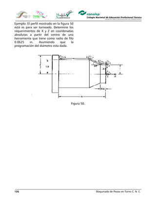Maquinado de Piezas en Torno C. N. C.106
Ejemplo: El perfil mostrado en la figura 50
está es para ser torneado. Determine los
requerimientos de X y Z en coordenadas
absolutas a partir del centro de una
herramienta que tiene como radio de filo
0.0625 in. Asumiendo que la
programación del diámetro esta dada.
Figura 50.
 