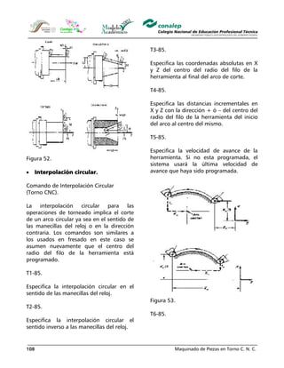 Maquinado de Piezas en Torno C. N. C.108
Figura 52.
• Interpolación circular.
Comando de Interpolación Circular
(Torno CNC).
La interpolación circular para las
operaciones de torneado implica el corte
de un arco circular ya sea en el sentido de
las manecillas del reloj o en la dirección
contraria. Los comandos son similares a
los usados en fresado en este caso se
asumen nuevamente que el centro del
radio del filo de la herramienta está
programado.
T1-85.
Especifica la interpolación circular en el
sentido de las manecillas del reloj.
T2-85.
Especifica la interpolación circular el
sentido inverso a las manecillas del reloj.
T3-85.
Especifica las coordenadas absolutas en X
y Z del centro del radio del filo de la
herramienta al final del arco de corte.
T4-85.
Especifica las distancias incrementales en
X y Z con la dirección + ó – del centro del
radio del filo de la herramienta del inicio
del arco al centro del mismo.
T5-85.
Especifica la velocidad de avance de la
herramienta. Si no esta programada, el
sistema usará la última velocidad de
avance que haya sido programada.
Figura 53.
T6-85.
 