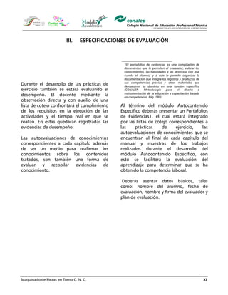 Maquinado de Piezas en Torno C. N. C. XI
III. ESPECIFICACIONES DE EVALUACIÓN
Durante el desarrollo de las prácticas de
ejercicio también se estará evaluando el
desempeño. El docente mediante la
observación directa y con auxilio de una
lista de cotejo confrontará el cumplimiento
de los requisitos en la ejecución de las
actividades y el tiempo real en que se
realizó. En éstas quedarán registradas las
evidencias de desempeño.
Las autoevaluaciones de conocimientos
correspondientes a cada capítulo además
de ser un medio para reafirmar los
conocimientos sobre los contenidos
tratados, son también una forma de
evaluar y recopilar evidencias de
conocimiento.
Al término del módulo Autocontenido
Específico deberás presentar un Portafolios
de Evidencias1, el cual estará integrado
por las listas de cotejo correspondientes a
las prácticas de ejercicio, las
autoevaluaciones de conocimientos que se
encuentran al final de cada capítulo del
manual y muestras de los trabajos
realizados durante el desarrollo del
módulo Autocontenido Específico, con
esto se facilitará la evaluación del
aprendizaje para determinar que se ha
obtenido la competencia laboral.
Deberás asentar datos básicos, tales
como: nombre del alumno, fecha de
evaluación, nombre y firma del evaluador y
plan de evaluación.
1El portafolios de evidencias es una compilación de
documentos que le permiten al evaluador, valorar los
conocimientos, las habilidades y las destrezas con que
cuenta el alumno, y a éste le permite organizar la
documentación que integra los registros y productos de
sus competencias previas y otros materiales que
demuestran su dominio en una función específica
(CONALEP. Metodología para el diseño e
instrumentación de la educación y capacitación basada
en competencias, Pág. 180).
 