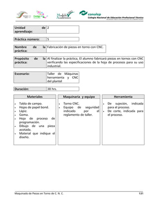 Maquinado de Piezas en Torno de C. N. C. 131
Unidad de
aprendizaje:
2
Práctica número: 5
Nombre de la
práctica:
Fabricación de piezas en torno con CNC.
Propósito de la
práctica:
Al finalizar la práctica, El alumno fabricará piezas en tornos con CNC
verificando las especificaciones de la hoja de procesos para su uso
industrial.
Escenario: Taller de Máquinas
herramienta y CNC
del plantel
Duración: 38 hrs.
Materiales Maquinaria y equipo Herramienta
• Tabla de campo.
• Hojas de papel bond.
• Lápiz.
• Goma.
• Hoja de proceso de
programación.
• Dibujo de una pieza
acotada.
• Material que indique el
diseño.
• Torno CNC.
• Equipo de seguridad
indicado por el
reglamento de taller.
• De sujeción, indicada
para el proceso.
• De corte, indicada para
el proceso.
 