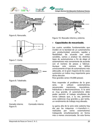 Maquinado de Piezas en Torno C. N. C. 23
Figura 6. Ranurado.
Figura 7. Corte.
Figura 8. Taladrado.
Vaciado interno Conizado interno
Figura 9.
Figura 10. Roscado interno y externo.
• Capacidades de mecanizado.
Las cuatro variables fundamentales que
inciden en la bondad de un automatismo
son: productividad, precisión, rapidez y
flexibilidad. De acuerdo con estas
variables, vamos a analizar los distintos
tipos de automatismos a fin de elegir el
automatismo más conveniente de acuerdo
con el número de piezas a fabricar.
Aunque este número no define
unívocamente el tipo de automatismo más
adecuado, en la gran mayoría de los casos
suministra un índice muy importante para
dicha elección.
Para grandes series (10,000 piezas).
Para responder al problema de la gran
serie, se utilizan automatismos
secuenciales mecánicos, neumáticos,
hidráulicos o electromecánicos. Si la serie
es muy grande, el automatismo debe
poder permitir el trabajo simultáneo de
varias cabezas que, a su vez, permitan
unas cadencias muy grandes y, por tanto,
un rendimiento de trabajo muy elevado.
La gama alta de la serie está cubierta hoy
día por las máquinas <<transfert>>,
realizadas por varios automatismos
trabajando simultáneamente en forma
más o menos sincronizada. De esta forma
 