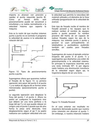 Maquinado de Piezas en Torno C. N. C. 27
importa es alcanzar con precisión y
rapidez el punto requerido (punto B).
Como ya hemos dicho este
posicionamiento puede ser secuencial o
simultáneo y se realiza normalmente a la
velocidad máxima que soporta la
máquina.
Esta es la razón de que muchos sistemas
punto a punto no se controla ni programa
la velocidad de avance ni la velocidad de
rotación del útil.
Figura 12. Tipos de posicionamiento
punto a punto.
Supongamos ahora que queremos realizar
el fresado de la figura 13. La primera
operación será pasar del punto 0 al punto
1 y se realiza de alguna de as formas antes
mencionadas (posicionamiento punto a
punto).
La segunda operación será desplazar la
fresa del punto 1 al punto 2. Ahora no
podrá ser cualquiera la trayectoria sino
que deberá ser una recta perfecta a lo
largo del eje Y y sin que pueda rebasar en
ningún caso el punto 2 puesto que de otra
forma la pieza sería destruida. Este
desplazamiento según el eje Y no podrá
realizarse con cualquier velocidad sino con
la velocidad que permita la naturaleza del
material utilizado y el diámetro de la fresa
utilizada (programación de la velocidad de
avance).
Este tipo de fresado recibe el nombre de
fresado paraxial y los equipos que lo
realizan reciben el nombre de equipos
punto a punto paraxial. Su nombre
proviene del hecho de ser capaces de
realizar fresados según los ejes de la
máquina. Los sistemas punto a punto y
paraxial se usan principalmente en
taladradoras y punteadoras pudiendo
también ser usados para fresados
sencillos.
Supongamos de nuevo el ejemplo anterior
(trayecto del punto 0 al punto 1) y
supongamos que diseñamos una orden de
posicionamiento a la velocidad máxima.
En principio la trayectoria recorrida sería
una recta inclinada 45º. Si por alguna
razón hubiera una disminución transitoria
de la velocidad según algún eje, la
trayectoria dejaría de ser una recta.
Figura 13. Fresado Paraxial.
En el caso anterior ese resultado no
importaría demasiado puesto que nuestra
única intención era alcanzar el punto 1.
Sin embargo, si nuestra intención hubiera
 