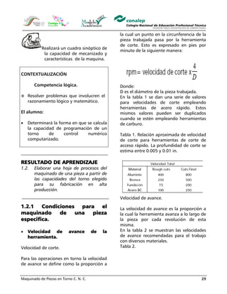 Maquinado de Piezas en Torno C. N. C. 29
Realizará un cuadro sinóptico de
la capacidad de mecanizado y
características de la maquina.
CONTEXTUALIZACIÓN
Competencia lógica.
Resolver problemas que involucren el
razonamiento lógico y matemático.
El alumno:
• Determinará la forma en que se calcula
la capacidad de programación de un
torno de control numérico
computarizado.
RESULTADO DE APRENDIZAJE
1.2. Elaborar una hoja de procesos del
maquinado de una pieza a partir de
las capacidades del torno elegido
para su fabricación en alta
producción.
1.2.1 Condiciones para el
maquinado de una pieza
especifica.
• Velocidad de avance de la
herramienta.
Velocidad de corte.
Para las operaciones en torno la velocidad
de avance se define como la proporción a
la cual un punto en la circunferencia de la
pieza trabajada pasa por la herramienta
de corte. Esto es expresado en pies por
minuto de la siguiente manera:
Donde:
D es el diámetro de la pieza trabajada.
En la tabla 1 se dan una serie de valores
para velocidades de corte empleando
herramientas de acero rápido. Estos
mismos valores pueden ser duplicados
cuando se estén empleando herramientas
de carburo.
Tabla 1. Relación aproximada de velocidad
de corte para herramientas de corte de
acceso rápido. La profundidad de corte se
estima entre 0.005 y 0.01 in.
Velocidad de avance.
La velocidad de avance es la proporción a
la cual la herramienta avanza a lo largo de
la pieza por cada revolución de esta
misma.
En la tabla 2 se muestran las velocidades
de avance recomendadas para el trabajo
con diversos materiales.
Tabla 2.
 