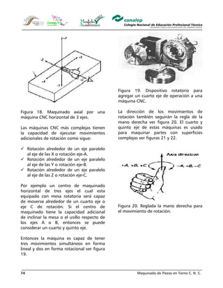 Maquinado de Piezas en Torno C. N. C.74
Figura 18. Maquinado axial por una
máquina CNC horizontal de 3 ejes.
Las máquinas CNC más complejas tienen
la capacidad de ejecutar movimientos
adicionales de rotación como sigue:
Rotación alrededor de un eje paralelo
al eje de las X o rotación eje-A.
Rotación alrededor de un eje paralelo
al eje de las Y o rotación eje-B.
Rotación alrededor de un eje paralelo
al eje de las Z o rotación eje-C.
Por ejemplo un centro de maquinado
horizontal de tres ejes el cual esta
equipado con mesa rotatoria será capaz
de moverse alrededor de un cuarto eje o
eje C de rotación. Si el centro de
maquinado tiene la capacidad adicional
de inclinar la mesa o el usillo respecto de
los ejes A o B, entonces se puede
considerar un cuarto y quinto eje.
Entonces la máquina es capaz de tener
tres movimientos simultáneos en forma
lineal y dos en forma rotacional ver figura
19.
Figura 19. Dispositivo rotatorio para
agregar un cuarto eje de operación a una
máquina CNC.
La dirección de los movimientos de
rotación también seguirán la regla de la
mano derecha ver figura 20. El cuarto y
quinto eje de estas máquinas es usado
para maquinar partes con superficies
complejas ver figuras 21 y 22.
Figura 20. Reglada la mano derecha para
el movimiento de rotación.
 
