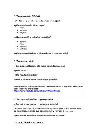 * (Comprensión Global)
- ¿Todos los pececillos de la bandada eran rojos?
- ¿Cómo se llamaba el pez negro?
 Tifón.
 Nadarín.
 Negrito.
- ¿Quién engulló a todos los pececillos?
 Ballena.
 Atún.
 Medusa.
 Merluza.
- ¿Cómo se sentía el pececillo en el mar al quedarse solo?
* (Interpretación)
-¿Qué propuso Nadarín a la nueva bandada de peces?
- ¿Qué pensó?
- ¿Dio resultado su idea?
- ¿Qué le hicieron todos juntos al pez grande?
Para remachar la idea, también se puede visualizar el siguiente vídeo, que
tiene la misma enseñanza:
https://www.youtube.com/watch?v=vVMbh1xlwso
* (Recuperación de la información)
- ¿Por qué el pez grande no se trago a Nadarín?
- Nadarín nadaba solo, estaba asustado y triste, pero el mar estaba lleno
de maravillas, eso hizo que se asombrara y volviese a …………
- ¿Por qué se escondían los pececillos entre las rocas?.
* APLICACIÓN AL AULA:
 