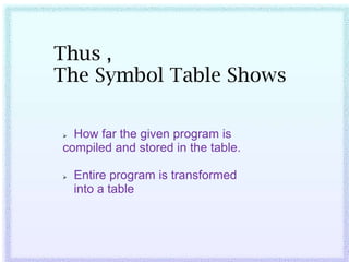 Thus ,
The Symbol Table Shows

 How far the given program is
compiled and stored in the table.

   Entire program is transformed
    into a table
 