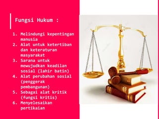 Fungsi Hukum :
1. Melindungi kepentingan
manusia
2. Alat untuk ketertiban
dan keteraturan
masyarakat
3. Sarana untuk
mewujudkan keadilan
sosial (lahir batin)
4. Alat perubahan sosial
(penggerak
pembangunan)
5. Sebagai alat kritik
(fungsi kritis)
6. Menyelesaikan
pertikaian
 