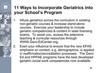 11 Ways to Incorporate Geriatrics into your School’s Program <ul><li>Infuse geriatrics across the curriculum in existing n...
