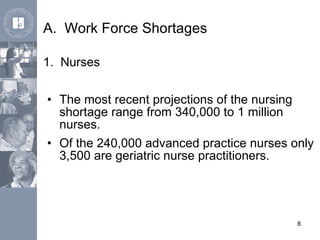 A.  Work Force Shortages <ul><li>Nurses </li></ul><ul><ul><li>The most recent projections of the nursing  shortage range f...