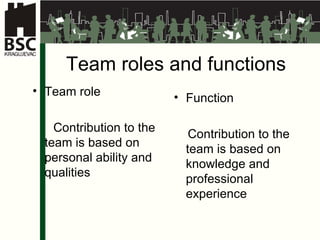 Team roles and functions Team role Contribution to the team is based on personal ability and qualities Func t ion Contribution to the team is based on knowledge and professional experience 
