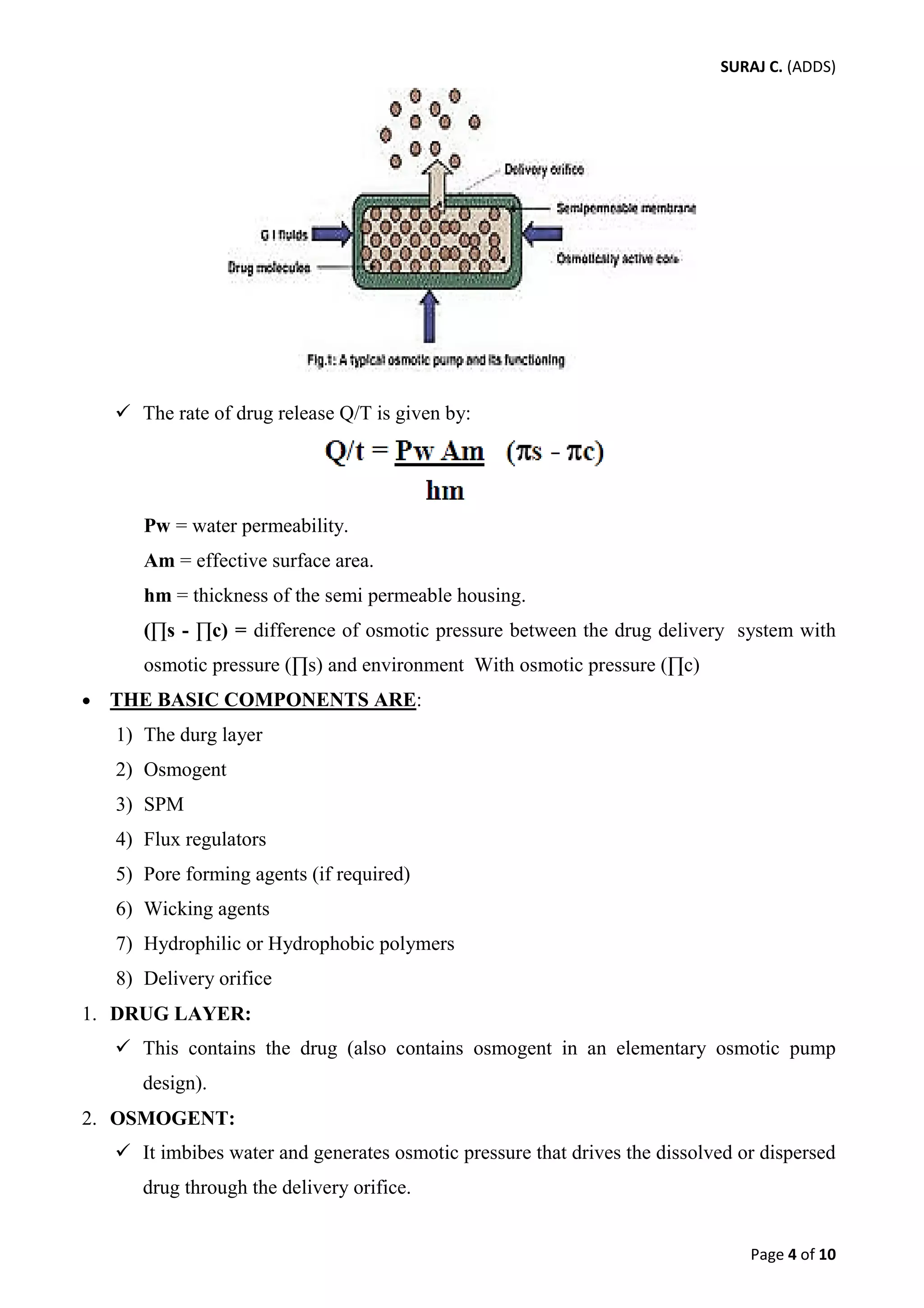 SURAJ C. (ADDS) 
 The rate of drug release Q/T is given by: 
Pw = water permeability. 
Am = effective surface area. 
hm = thickness of the semi permeable housing. 
(Πs - Πc) = difference of osmotic pressure between the drug delivery system with osmotic pressure (Πs) and environment With osmotic pressure (Πc) 
• THE BASIC COMPONENTS ARE: 
1) The durg layer 
2) Osmogent 
3) SPM 
4) Flux regulators 
5) Pore forming agents (if required) 
6) Wicking agents 
7) Hydrophilic or Hydrophobic polymers 
8) Delivery orifice 
1. DRUG LAYER: 
 This contains the drug (also contains osmogent in an elementary osmotic pump design). 
2. OSMOGENT: 
 It imbibes water and generates osmotic pressure that drives the dissolved or dispersed drug through the delivery orifice. 
Page 4 of 10 
 
