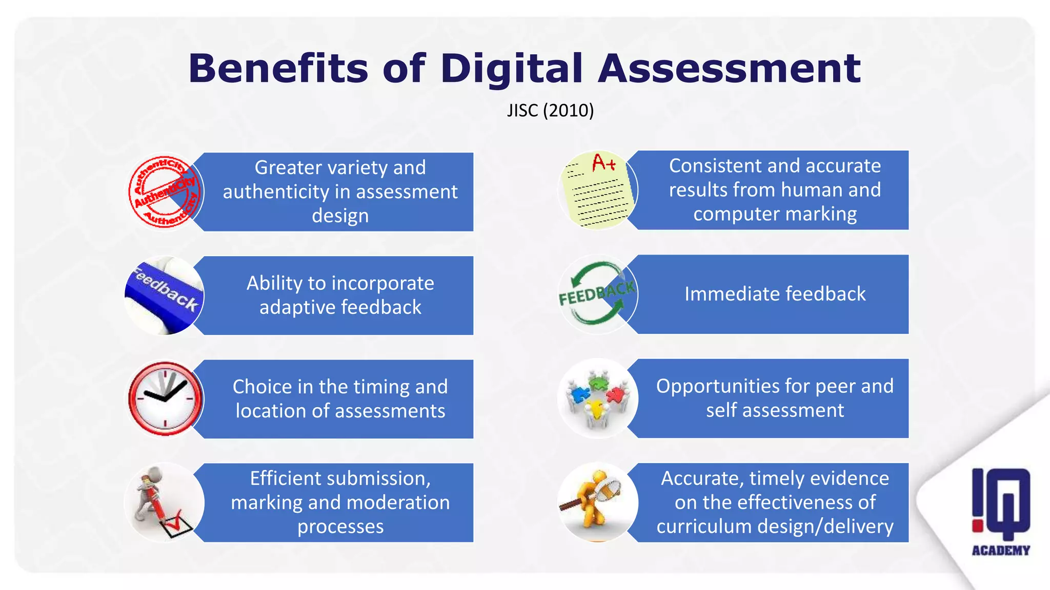Benefits of Digital Assessment
JISC (2010)
Greater variety and
authenticity in assessment
design
Ability to incorporate
adaptive feedback
Choice in the timing and
location of assessments
Efficient submission,
marking and moderation
processes
Consistent and accurate
results from human and
computer marking
Immediate feedback
Opportunities for peer and
self assessment
Accurate, timely evidence
on the effectiveness of
curriculum design/delivery
 
