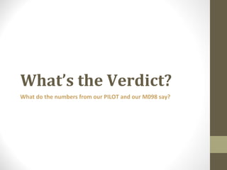 What’s the Verdict?
What do the numbers from our PILOT and our M098 say?
 