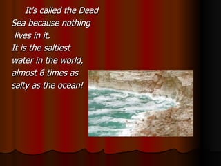 It's called the Dead  Sea because nothing lives in it.  It is the saltiest  water in the world,  almost 6 times as  salty as the ocean! 