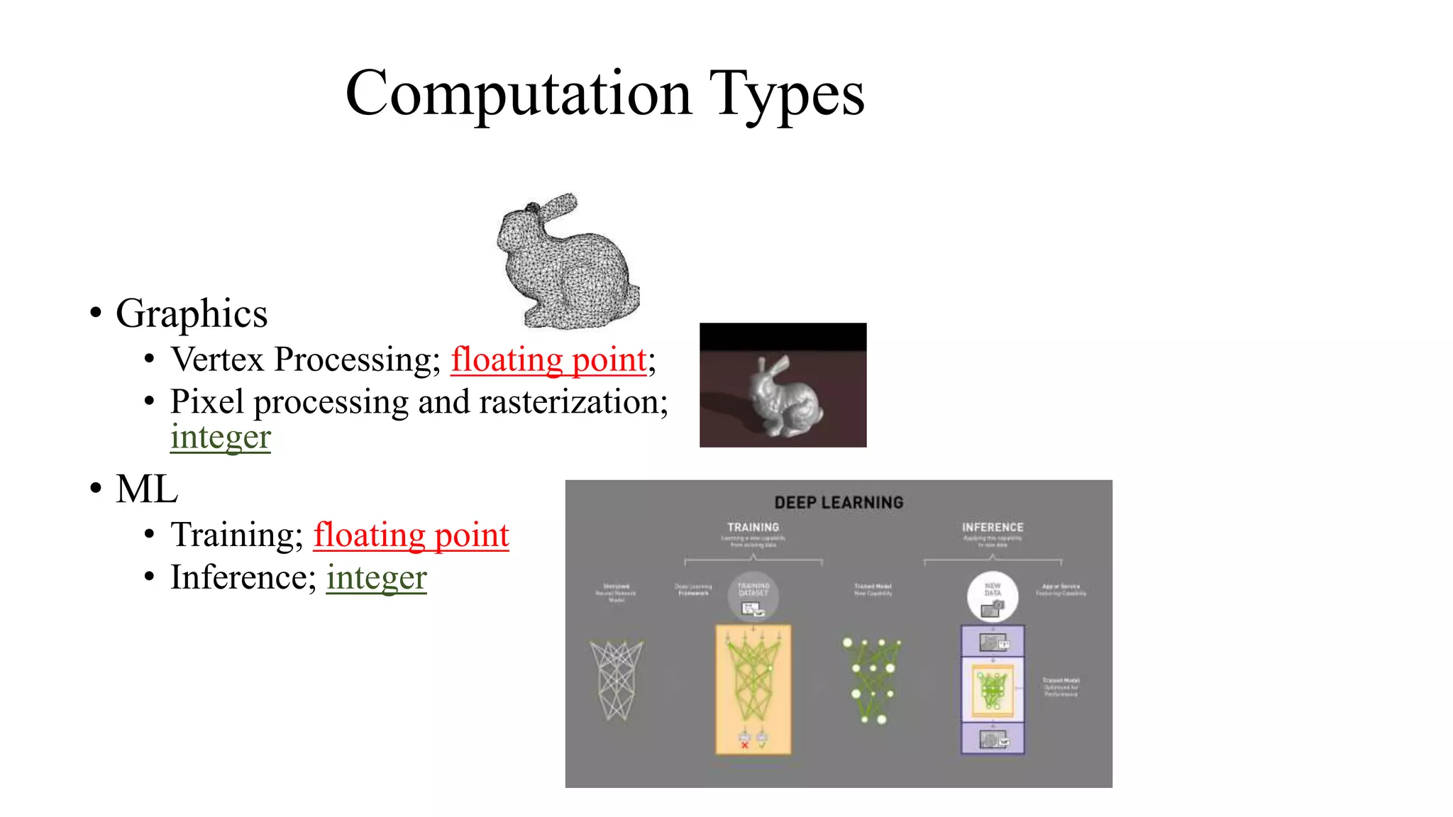 Computation Types
• Graphics
• Vertex Processing; floating point;
• Pixel processing and rasterization;
integer
• ML
• Training; floating point
• Inference; integer
 