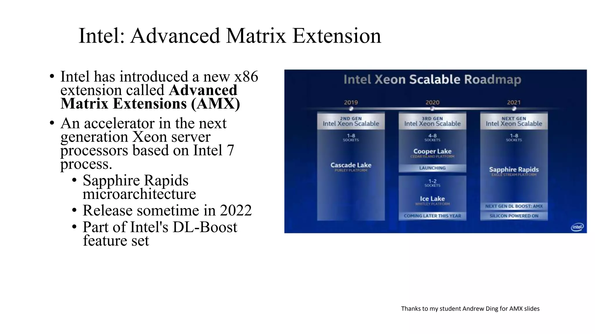 Intel: Advanced Matrix Extension
• Intel has introduced a new x86
extension called Advanced
Matrix Extensions (AMX)
• An accelerator in the next
generation Xeon server
processors based on Intel 7
process.
• Sapphire Rapids
microarchitecture
• Release sometime in 2022
• Part of Intel's DL-Boost
feature set
Thanks to my student Andrew Ding for AMX slides
 