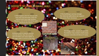 DEFFECT OF LOAD BEARING WALL
it often happens that the internal walls
have only small doorways, while the
external walls have large windows.
Therefore, most of the load will be taken
directly by the internal
If the building is narrow enough,
the external walls alone can support
the entire floor structure.
brickwork tends to expand, whereas
concrete shrinks. Also, the concrete
slab will deflect and rotate slightly at
the edges when it carries its own load.
Shrinkage cracks causes of concrete
foundation may contain small cracks
because concrete shrinks as it cures.
 