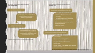DIFFERENCE OF LOAD BEARING WALL AND NON
LOAD BEARING WALL
LOAD BEARING WALL
A load bearing wall is a wall that bears
some of the building’s weight in
addition to its own weight
NON LOAD BEARING WALL
A non-load bearing wall is a wall that
does not support any gravity loads
from the building, hence doesn’t bear
any weight besides its own
ADVANTAGES AND DISADVANTAGES OF LOAD
BEARING WALL
ADVANTAGES FOR BRICK SUPER STRUCTURE
i) Suitable for light ornamental work
(ii) Cheap
(iii) Afford great facility in maintaining
proper bond in the masonary
(iv) Defects of careless brick layer can be
canceled by plastering.
(v) More fire resisting
DISADVANTAGES FOR BRICK SUPER STRUCTURE
(i) Less strength
(ii) Less weather resisting qualities
(iii) Plastering or pointing is necessary
(iv) Gets damp.
(v) Salts present in the sewage react chemically
with exposed brick.
http://www.preservearticles.com/2012020822946/what-are-the-advantages-and-disadvantages-of-masonry.html
http://www.nucorbuildingsystems.com/builder/engineeringtips/1.13.pdf
 