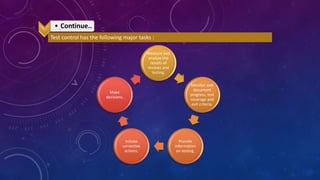 • Continue..
Test control has the following major tasks :
Measure and
analyze the
results of
reviews and
testing.
Monitor and
document
progress, test
coverage and
exit criteria.
Provide
information
on testing.
Initiate
corrective
actions.
Make
decisions.
 