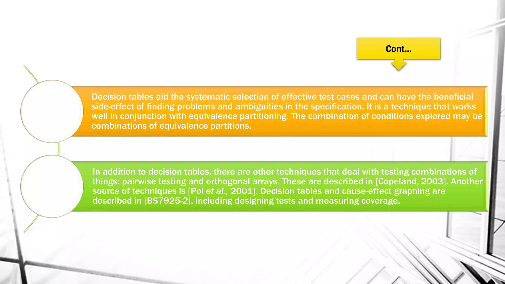 Cont…
Decision tables aid the systematic selection of effective test cases and can have the beneficial
side-effect of finding problems and ambiguities in the specification. It is a technique that works
well in conjunction with equivalence partitioning. The combination of conditions explored may be
combinations of equivalence partitions.
In addition to decision tables, there are other techniques that deal with testing combinations of
things: pairwise testing and orthogonal arrays. These are described in [Copeland, 2003]. Another
source of techniques is [Pol et al., 2001]. Decision tables and cause-effect graphing are
described in [BS7925-2], including designing tests and measuring coverage.
 