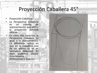 Proyección Caballera 45°
• Proyección Caballera:
• La Perspectiva Caballera
es un sistema de
representación que utiliza
la proyección paralela
oblicua.
• En estos dos aspectos, la
Perspectiva Caballera es
igual a la Axonométrica.
La diferencia radica en
que en la Caballera uno
de los planos se ve en
Verdadera Magnitud. Es
decir, podemos dibujar
directamente
dimensiones y ángulos.
 
