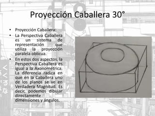 Proyección Caballera 30°
• Proyección Caballera:
• La Perspectiva Caballera
es un sistema de
representación que
utiliza la proyección
paralela oblicua.
• En estos dos aspectos, la
Perspectiva Caballera es
igual a la Axonométrica.
La diferencia radica en
que en la Caballera uno
de los planos se ve en
Verdadera Magnitud. Es
decir, podemos dibujar
directamente
dimensiones y ángulos.
 