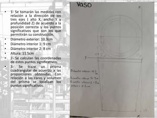 • 1- Se tomarán las medidas con
relación a la dirección de los
tres ejes ( alto X, ancho Y y
profundidad Z) de acuerdo a la
posición correcta y los puntos
significativos que son los que
permitirán su construcción.
• Diámetro exterior: 10.3cm
• Diámetro interior 1: 9 cm
• Diámetro interior 2: 8 cm
• Altura: 11.5cm
• 2- Se calculan las coordenadas
de estos puntos significativos.
• 3- Se traza un prisma
cuadrangular de acuerdo a las
proporciones obtenidas. Con
relación a las caras y volumen
del prisma se localizan los
puntos significativos.
 