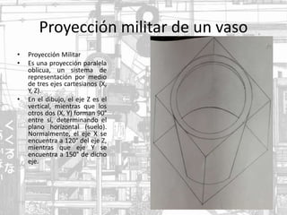 Proyección militar de un vaso
• Proyección Militar
• Es una proyección paralela
oblicua, un sistema de
representación por medio
de tres ejes cartesianos (X,
Y, Z).
• En el dibujo, el eje Z es el
vertical, mientras que los
otros dos (X, Y) forman 90°
entre sí, determinando el
plano horizontal (suelo).
Normalmente, el eje X se
encuentra a 120° del eje Z,
mientras que eje Y se
encuentra a 150° de dicho
eje.
 