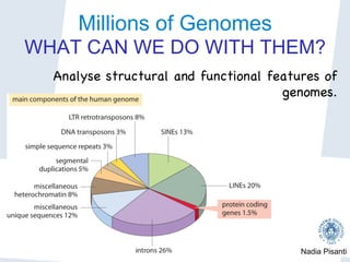 Nadia Pisanti
Millions of Genomes
WHAT CAN WE DO WITH THEM?
Analyse structural and functional features of
genomes.

 