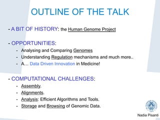 Nadia Pisanti
OUTLINE OF THE TALK
- A BIT OF HISTORY: the Human Genome Project
- OPPORTUNITIES:
-  Analysing and Comparing Genomes
-  Understanding Regulation mechanisms and much more..
-  A… Data Driven Innovation in Medicine!
- COMPUTATIONAL CHALLENGES:
-  Assembly.
-  Alignments.
-  Analysis: Efficient Algorithms and Tools.
-  Storage and Browsing of Genomic Data.
 