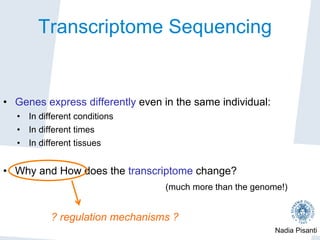 Nadia Pisanti
Transcriptome Sequencing
•  Genes express differently even in the same individual:
•  In different conditions
•  In different times
•  In different tissues
•  Why and How does the transcriptome change?
(much more than the genome!)
? regulation mechanisms ?
 