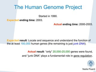 Nadia Pisanti
The Human Genome Project
Started in 1990.
Expected ending time: 2003.
Actual ending time: 2000-2003.
Expected result: Locate and sequence and understand the function of
the at least 100,000 human genes (the remaining is just junk DNA).
Actual result: “only” 20,000-25,000 genes were found,
and “junk DNA” plays a fundamental role in gene regulation.
 