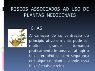 RISCOS ASSOCIADOS AO USO DE PLANTAS MEDICINAIS A variação de concentração do princípio ativo em chás pode ser muito grande, tornando praticamente impossível atingir a faixa terapêutica com segurança em algumas plantas aonde essa faixa é mais estreita CHÁS 
