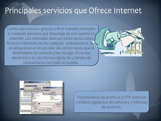 Correo electrónico: gracias a él se mandan mensajes a cualquier persona que disponga de una cuenta en Internet. Los mensajes abarcan tanto texto como ficheros informáticos de cualquier característica, que se almacenan en el servidor de correo hasta que el destinatario se conecta y los recoge. El correo electrónico es una forma rápida de y barata de comunicarse con todo el mundo.  Transferencia de archivos o FTP: Internet contiene gigabytes de software y millones de archivos  
