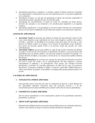 Aprendizaje memorístico o repetitivo: se produce cuando el alumno memoriza contenidos
sin comprenderlos o relacionarlos con sus conocimientos previos, no encuentra significado
a los contenidos.
Aprendizaje receptivo: en este tipo de aprendizaje el sujeto sólo necesita comprender el
contenido para poder reproducirlo, pero no descubre nada.
Aprendizaje por descubrimiento: el sujeto no recibe los contenidos de forma pasiva;
descubre los conceptos y sus relaciones y los reordena para adaptarlos a su esquema
cognitivo.
Aprendizaje significativo: es el aprendizaje en el cual el sujeto relaciona sus conocimientos
previos con los nuevos, dotándolos así de coherencia respecto a sus estructuras cognitivas.
ESTILOS DE APRENDIZAJE
Aprendizaje Visual: las personas que utilizan el sistema de representación visual ven las
cosas como imágenes ya que representar las cosas como imágenes o gráficos les ayuda a
recordar y aprender. La facilidad de la persona visual para pasar de un tema a otro
favorece el trabajo creativo en el grupo y en el entorno de aprendizaje social. Asimismo,
esta forma de proceder puede irritar a la persona visual que percibe las cosas
individualmente.
Aprendizaje Auditivo: una persona auditiva es capaz de aprovechar al máximo los debates
en grupo y la interacción social durante su aprendizaje. El debate es una parte básica del
aprendizaje para un alumno auditivo. Las personas auditivas aprenden escuchando y se
prestan atención al énfasis, a las pausas y al tono de la voz. Una persona auditiva disfruta
del silencio.
Aprendizaje Kinestésico: las personas con sistemas de representación kinestésico perciben
las cosas a través del cuerpo y de la experimentación. Son muy intuitivos y valoran
especialmente el ambiente y la participación. Para pensar con claridad necesitan
movimiento y actividad. No conceden importancia al orden de las cosas. Las personas
kinestésicas se muestran relajadas al hablar, se mueven y gesticulan. Hablan despacio y
saben cómo utilizar las pausas. Como público, son impacientes porque prefieren pasar a la
acción.
FACTORES DE APRENDIZAJE.
INTELIGENCIA (PODER APRENDER)
Para aprender nuevas cosas hay que estar en condiciones de hacerlo, se debe disponer de
las capacidades cognitivas necesarias para ello (atención, proceso...) y de los
conocimientos previos imprescindibles para construir sobre ellos los nuevos aprendizajes.
EXPERIENCIA (SABER APRENDER)
Son los nuevos aprendizajes se van construyendo a partir de los aprendizajes anteriores
poniéndolos en práctica.
MOTIVACIÓN (QUERER APRENDER)
Dependerá de múltiples factores personales (personalidad, fuerza de voluntad), familiares,
sociales y del contexto en el que se realiza el estudio (métodos de enseñanza).

 