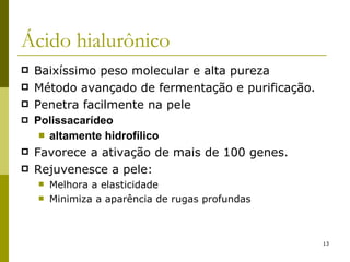 Ácido hialurônico Baixíssimo peso molecular e alta pureza Método avançado de fermentação e purificação. Penetra facilmente na pele Polissacarídeo altamente hidrofílico Favorece a ativação de mais de 100 genes.  Rejuvenesce a pele: Melhora a elasticidade Minimiza a aparência de rugas profundas 