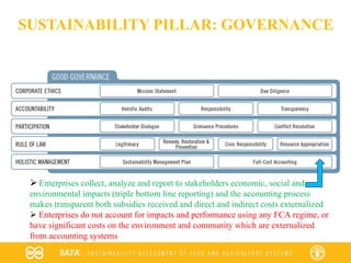 SUSTAINABILITY PILLAR: GOVERNANCE
 Enterprises collect, analyze and report to stakeholders economic, social and
environmental impacts (triple bottom line reporting) and the accounting process
makes transparent both subsidies received and direct and indirect costs externalized
 Enterprises do not account for impacts and performance using any FCA regime, or
have significant costs on the environment and community which are externalized
from accounting systems
 