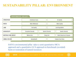 SUSTAINABILITY PILLAR: ENVIRONMENT
SAFA’s environmental pillar takes a semi-quantitative MCA
approach and a quantitative LCA approach to benchmark (avoided)
harm or restoration of natural resources
 