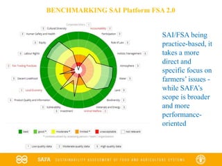 BENCHMARKING SAI Platform FSA 2.0
SAI/FSA being
practice-based, it
takes a more
direct and
specific focus on
farmers’ issues -
while SAFA’s
scope is broader
and more
performance-
oriented
 