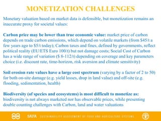 Monetary valuation based on market data is defensible, but monetization remains an
inaccurate proxy for societal values:
Carbon price may be lower than true economic value: market price of carbon
depends on trade carbon emissions, which depend on volatile markets (from $45/t a
few years ago to $5/t today); Carbon taxes and fines, defined by governments, reflect
political reality (EU/ETS Euro 100/t) but not damage costs; Social Cost of Carbon
has a wide range of variation ($ 8-112/t) depending on coverage and key parameters
choice (i.e. discount rate, time-horizon, risk aversion and climate sensitivity)
Soil erosion rate values have a large cost spectrum (varying by a factor of 2 to 50)
for both on-site damage (e.g. yield losses, drop in land value) and off-site (e.g.
flooding, sedimentation, health)
Biodiversity (of species and ecosystems) is most difficult to monetize as:
biodiversity is not always marketed nor has observable prices, while presenting
double counting challenges with Carbon, land and water valuations
MONETIZATION CHALLENGES
 