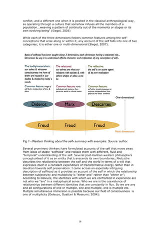 conflict, and a different one when it is posited in the classical anthropological way,
as operating through a culture that somehow infuses all the members of a
population...weaving a pattern of continuity out of the moments or stages or its
own evolving being" (Siegel, 2005)

While each of the three dimensions fosters common features among the self-
conceptions that arise along or within it, any account of the self falls into one of two
categories; it is either one or multi-dimensional (Siegel, 2007).




Fig.1 - Western thinking about the self- summary with examples. Source: author.

Several prominent thinkers have formulated accounts of the self that move away
from ideas of stable "selfhood" and replace them with different, fluid and
"temporal" understanding of the self. Several post-Kantian western philosophers
conceptualised of it as an entity that transcends its own boundaries; Nietzsche
describes the relationship between the self and the world in terms of a will that
expresses itself in a constant expenditure of transformative energy rather than in
devotion towards self preservation. I came across an especially intriguing
description of selfhood as it provides an account of the self in which the relationship
between subjectivity and multiplicity is "either and" rather than "either or";
According to Deleuze, the identities with which we are confronted in experience are
not who we "are" in a metaphysical sense. Who we are is the coexistence of
relationships between different identities that are constantly in flux. So we are any
and all configurations of one or multiple, one and multiple, one is multiple etc.
Multiple simultaneous immersion is possible because our field of consciousness is
one of multiplicity (Deleuze, Guattari & Massumi; 2004):




                                           18
 