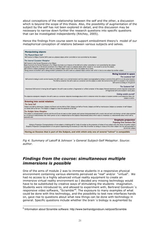 about conceptions of the relationship between the self and the other, a discussion
which is beyond the scope of this thesis. Also, the possibility of augmentation of the
subject by the self has not been explored in detail, and this discussion may be
necessary to narrow down further the research questions into specific questions
that can be investigated independently (Ritchey, 2005).

Hence the findings from course seem to support embodiment theory’s model of our
metaphorical conception of relations between various subjects and selves.




Fig 4. Summary of Lakoff & Johnson´s General Subject-Self Metaphor. Source:
author.




Findings from the course: simultaneous multiple
immersions is possible
One of the aims of module 2 was to immerse students in a responsive physical
environment containing various elements perceived as "real" and/or "virtual". We
had no access to a highly advanced virtual reality equipment to create an
immersive virtual reality environment so I decided any missing technology would
have to be substituted by creative ways of stimulating the students imagination.
Students were introduced to, and allowed to experiment with, Bertrand Gondouin´s
responsive video software, “Scramble”9. The exposure to many examples of what
could be done with this technology, and the possibility to test new interfaces hands
on, gave rise to questions about what new things can be done with technology in
general. Specific questions include whether the brain´s biology is augmented by

9
    Information about Scramble software: http://www.bertrandgondouin.net/post/Scramble



                                               21
 