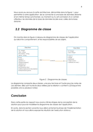8
Nous avons eu recours à cette architecture, démontrée dans la figure 1, pour
permettre à notre application de se connecter à une base de données distante
et en même temps synchroniser, au moment ou il y ait connexion d’un certain
utilisateur, les données de la base de données locale avec celles de la base
distante
2.2 Diagramme de classe
On montre dans la figure ci-dessous le diagramme de classes de l’application
qui décrit le comportement, et les responsabilités de ses objets.
Figure 2 : Diagramme de classes
Le diagramme comporte deux classes, une pour les livres et l’autre pour les notes de
ces derniers. Elles sont toutes le deux reliées par la relation « contient » (Chaque livre
possède une ou plusieurs notes)
Conclusion
Dans cette partie du rapport nous avons cité les étapes de la conception de la
solution pour pouvoir modéliser le diagramme de classes de l’application.
En outre, dans la section suivante nous allons entamer la phase de l’implémentation
de la solution et nous allons exposer les résultats de l’exécution obtenus.
 