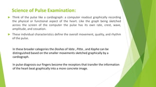 Conclusion
 Pulse examination is one of the component of Dosha evaluation in Ayurveda
under Ashtavidha Pariksha.
 It eva...