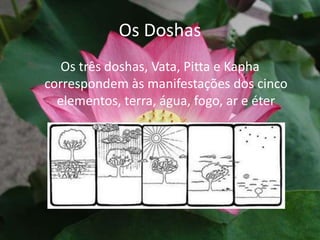 Os DoshasOs três doshas, Vata, Pitta e Kaphacorrespondem às manifestações dos cinco elementos, terra, água, fogo, ar e éter