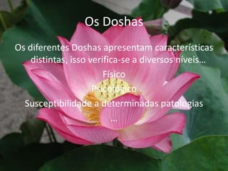 Os DoshasOs diferentes Doshas apresentam características distintas, isso verifica-se a diversos níveis…FísicoPsicológicoSusceptibilidade a determinadas patologias…