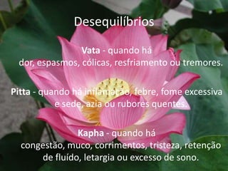 DesequilíbriosVata-quando há dor, espasmos, cólicas, resfriamento ou tremores.Pitta -quando há inflamação, febre, fome excessiva e sede, azia ou rubores quentes. Kapha-quando há congestão, muco, corrimentos, tristeza, retenção de fluído, letargia ou excesso de sono. 