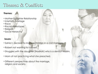 Themes & Conflicts
Themes:

• Mother-Daughter Relationship
• Interfaith marriage
• Race
• Racial stereotypes
• Religion
• Social Hierarchy


Issues:
• Sahira’s decision to marry a Christian in a civil marriage.

• Robert not wanting to convert.
• Struggles with the daughter (Nadirah) who is a devout Muslim.

• Mom of not practicing what she preached.

• Different perspectives about the marriage,
  religion and society.
 